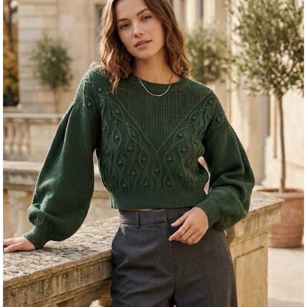 Tularosa Davina Cropped Sweater M Forest Green Cable Knit Open Mesh Revolve